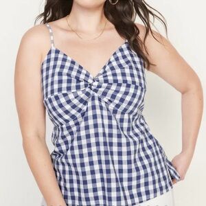 Blue Gingham Spaghetti Strap Top Fitted Twist-Front Cami Blouse